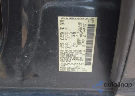 2012 Nissan Frontier Pro-4X z USA, uszkodzony, nr VIN 1N6AD0EV6CC459367